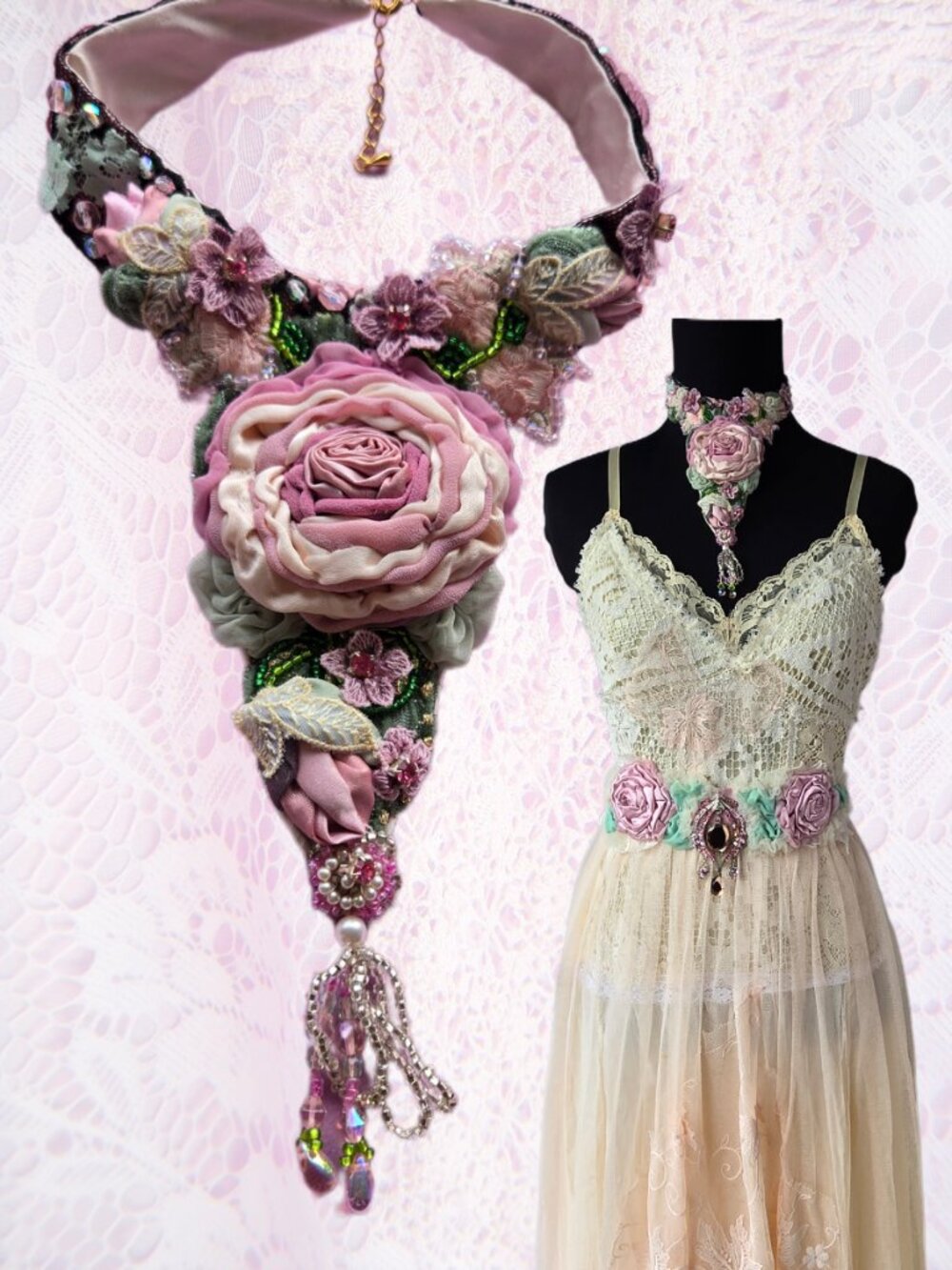 Handmade Embroidered Pink Rose and Bead Embroidered Collar Necklace Art to Wear